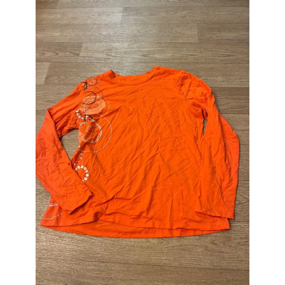 Tek Gear Womens XL Orange Long Sleeve Graphic Tee Rhinestone Embellished Top